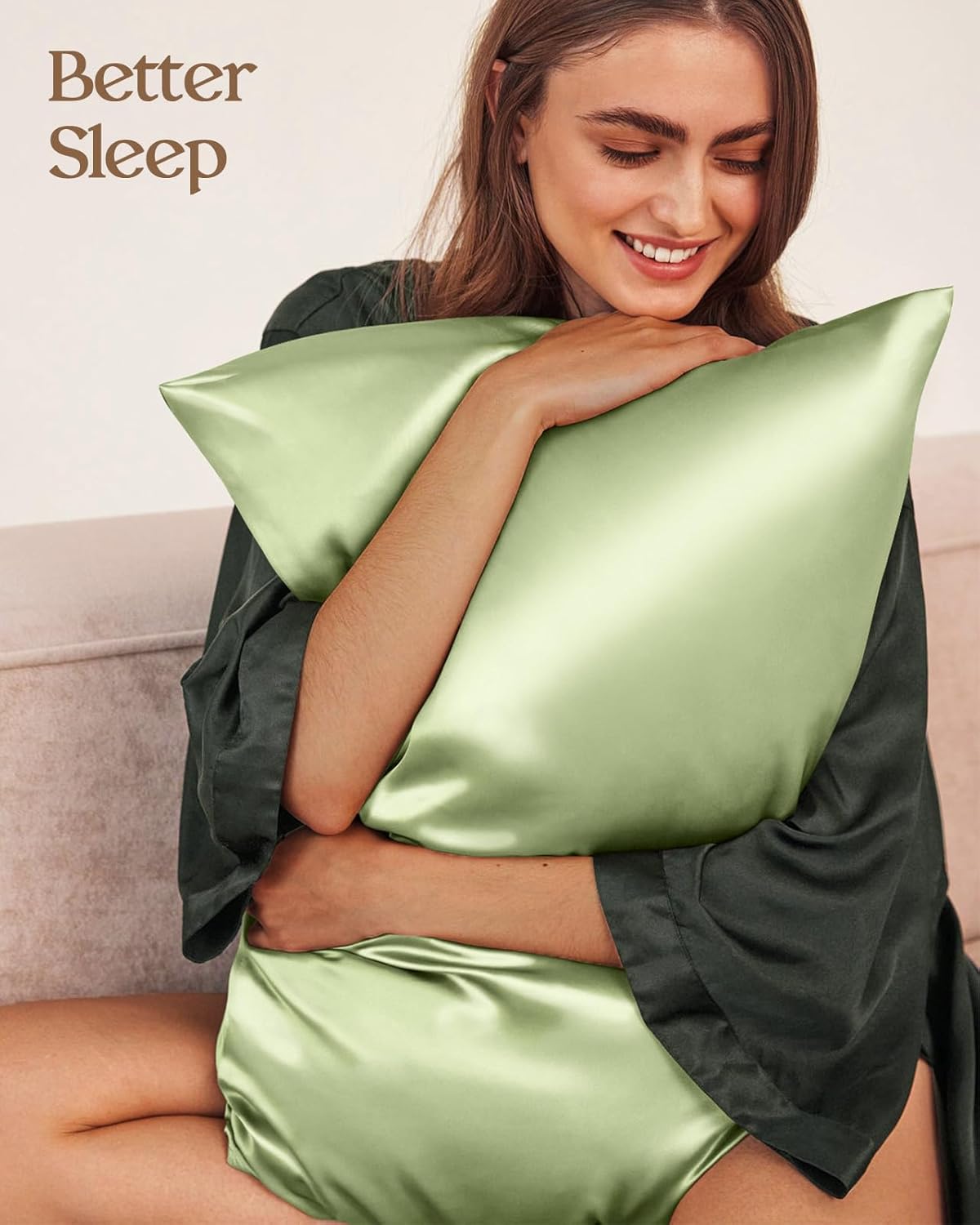 Silk Pillowcase 2 Pack - Pillow Cases Queen Set of 2 Size 20" x 30" for Hair and Skin Smooth Soft Breathable with Hidden Zipper Cooling Pillow Covers for Women, Light Green