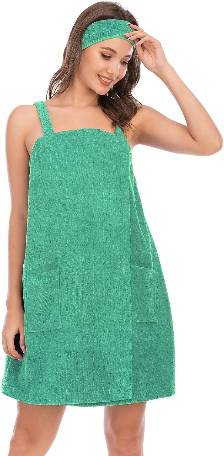 Veseacky Women Bath Wrap Towel for Womens Shower with Pocket Adjustable Spa Robe & Facial Headband
