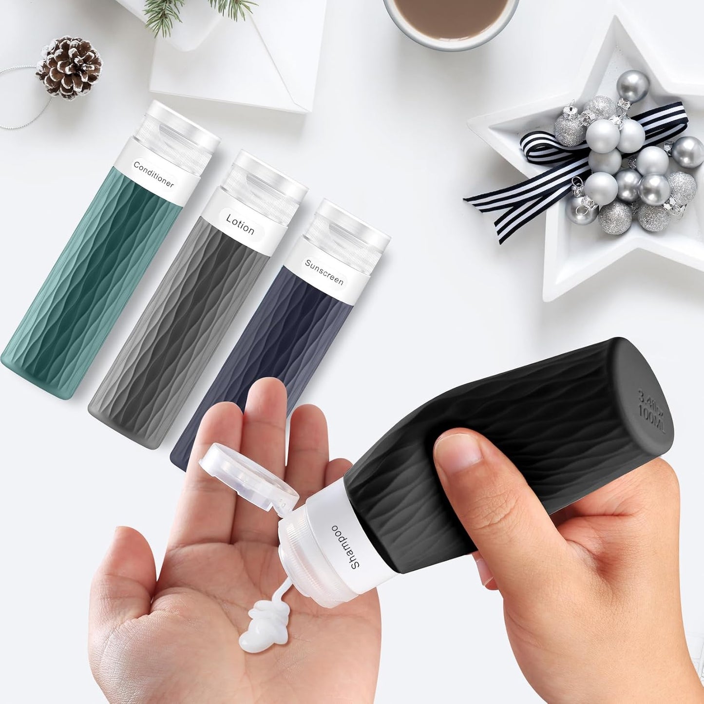 Travel Bottles for Toiletries, TSA Approved 3.4oz Travel Size Containers, BPA Free Leak Proof Silicone Traveling Bottles, Refillable Travel Essentials Kits for Shampoo Conditioner(4 Pack)-A