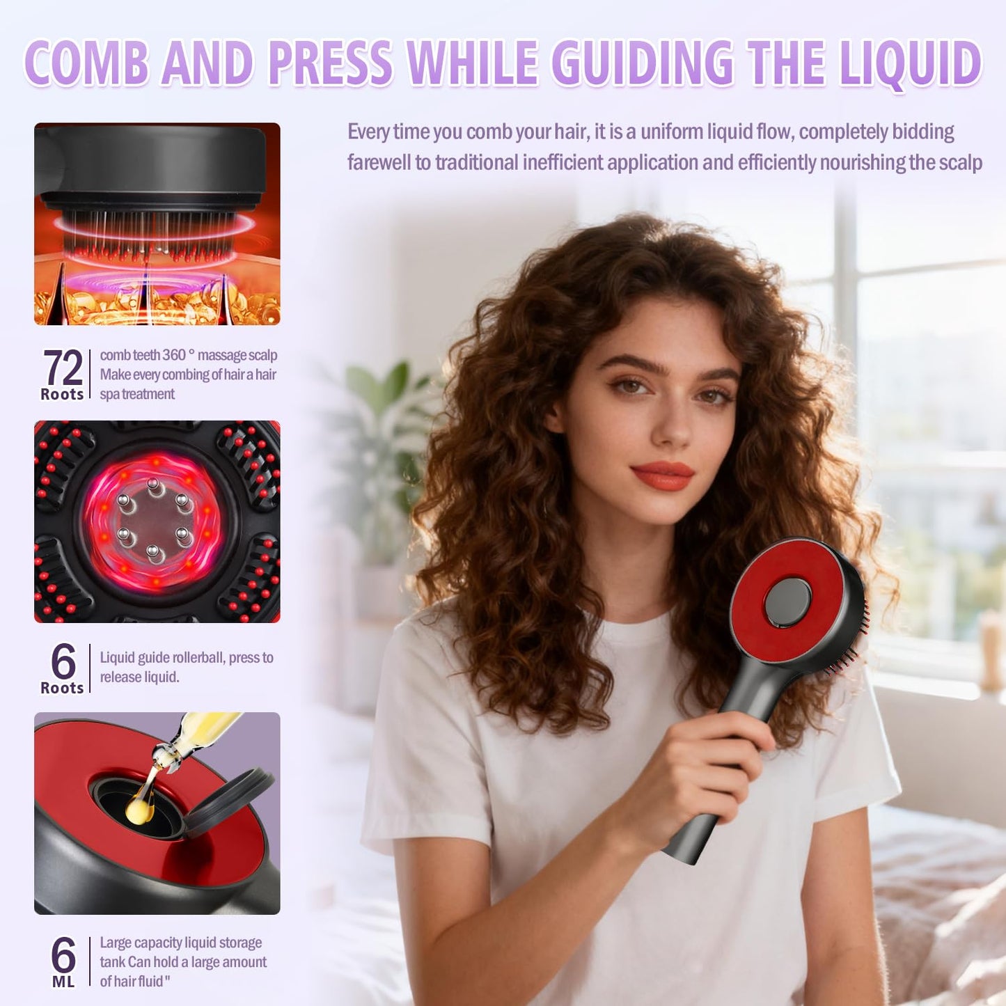 Electric Scalp Massager, 3-in-1 Hair Oil Applicator & IPX7 Waterproof Scalp Brush, Cordless, Portable Head Massager for Home & Travel, Red