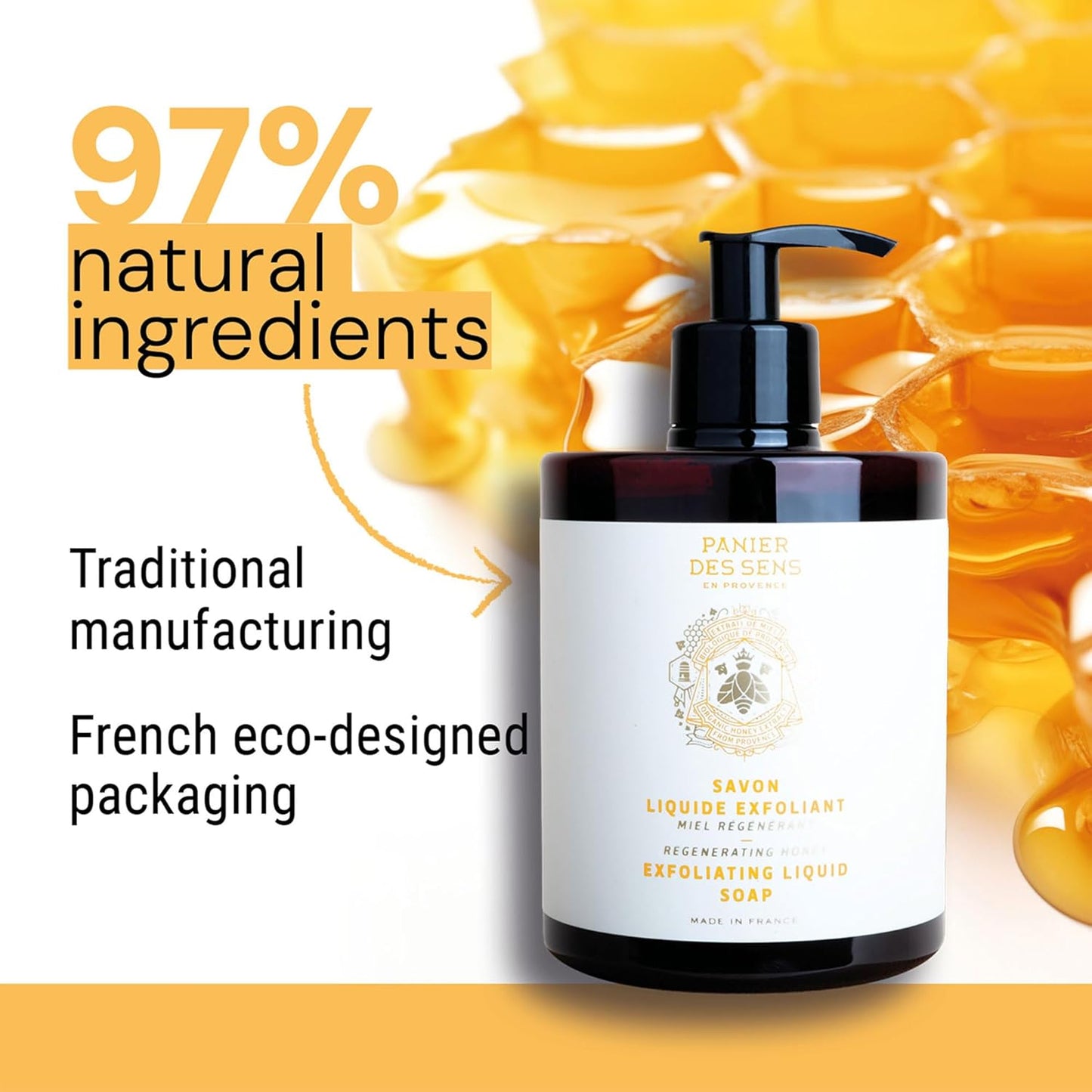 Panier des Sens - Liquid Hand Soap – Honey Exfoliating Hand Wash - French Marseille Moisturizing Soap with Coconut Oil - Refillable Kitchen & Bathroom Hand Soap - 97% Natural Ingredients -16.9 Fl.oz