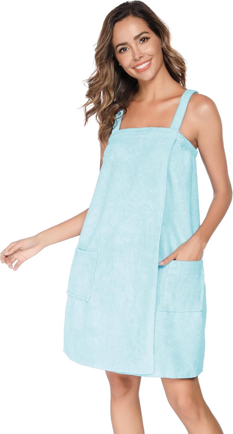 Veseacky Women Bath Wrap Towel for Womens Shower with Pocket Adjustable Spa Robe & Facial Headband