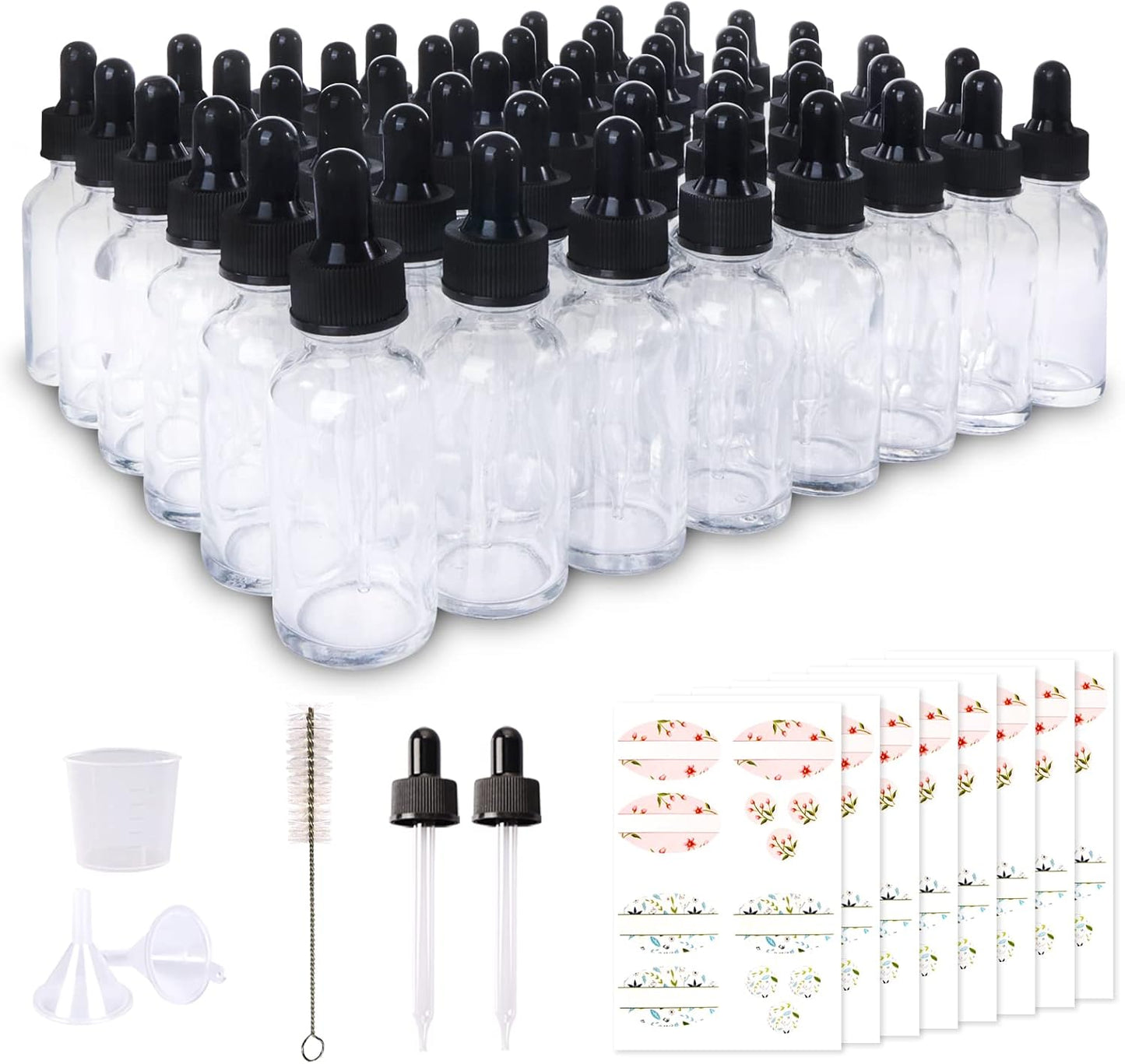 48 Pack 1oz Clear Glass Bottles with Glass Eye Droppers for Essential Oils, Perfumes & Lab Chemicals (Brush, Funnels, 2 Extra Droppers, 54 Pieces Labels & 30ml Measuring Cup Included)