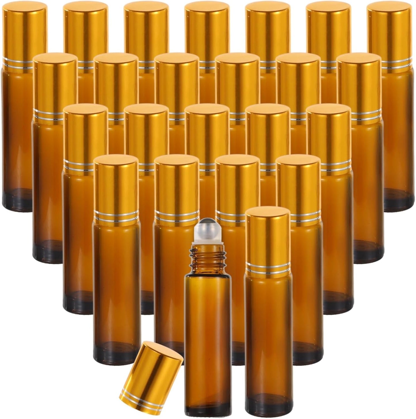 100 PCS 10 ml Amber Roller Bottles for Essential Oils - Empty Brown Glass Bottle, Refillable Roll on, Portable Travel Perfume Leakproof With Stainless Steel Ball