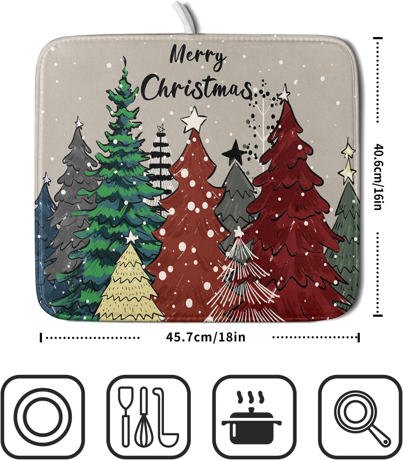 Christmas Trees Dish Drying Mat Winter Holiday Kitchen Dishes Pad 16x18 Inch Absorbent Reversible Fast Dry Draining Rack Pad for Countertop