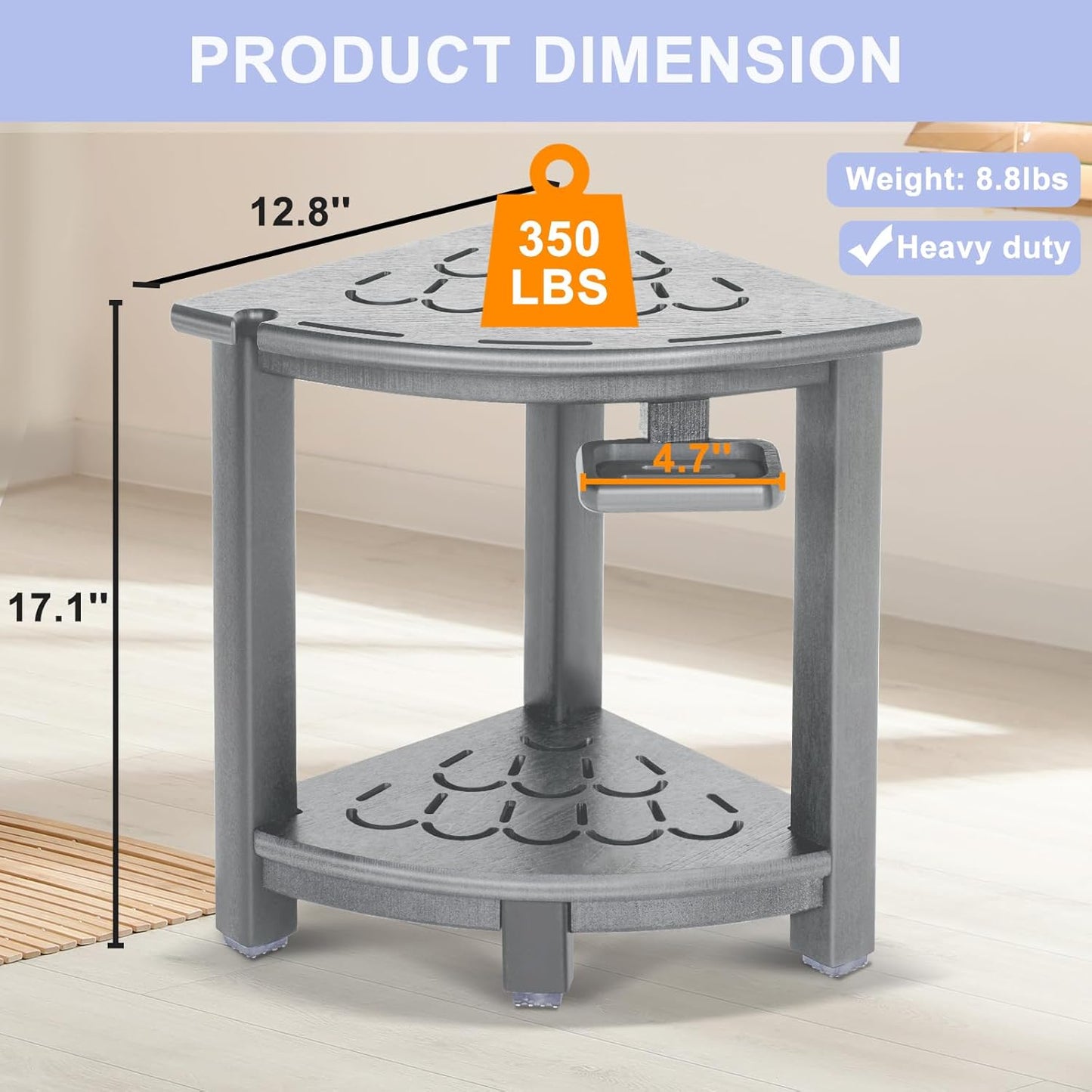 NALONE Corner Shower Stool, HDPE Shower Bench for Inside Shower, Small Shower Chair Seat for Shaving Legs with Storage Shelf, Soap Box and No-Slip Feet (Grey)