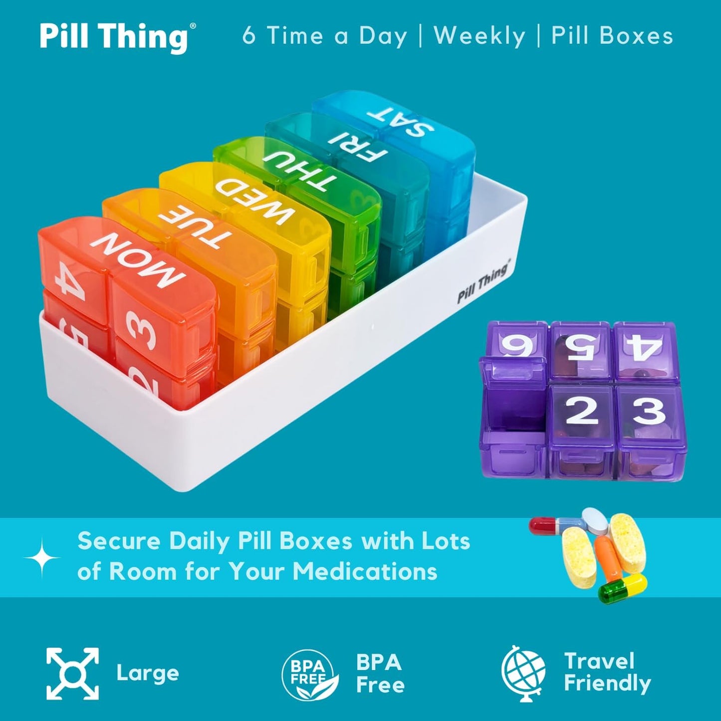 6 Times a Day, 7 Day Large Weekly Pill Organizer with Holder Tray, Vitamin, Medicine Box, Multicolor (6X a Day - 1 Pack)