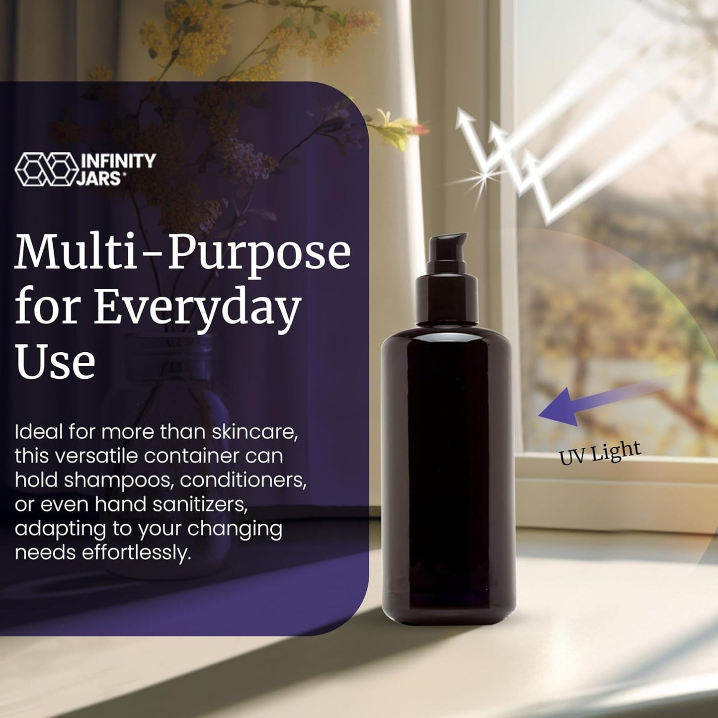 Infinity Jars Ultraviolet Glass Push Pump Bottle 200 Ml (6.8 fl oz) Refillable Containers for Lotion Homemade Cosmetics Make-up Skin Care Cream, Lotion, Shampoo, Conditioner Dispenser Bottles