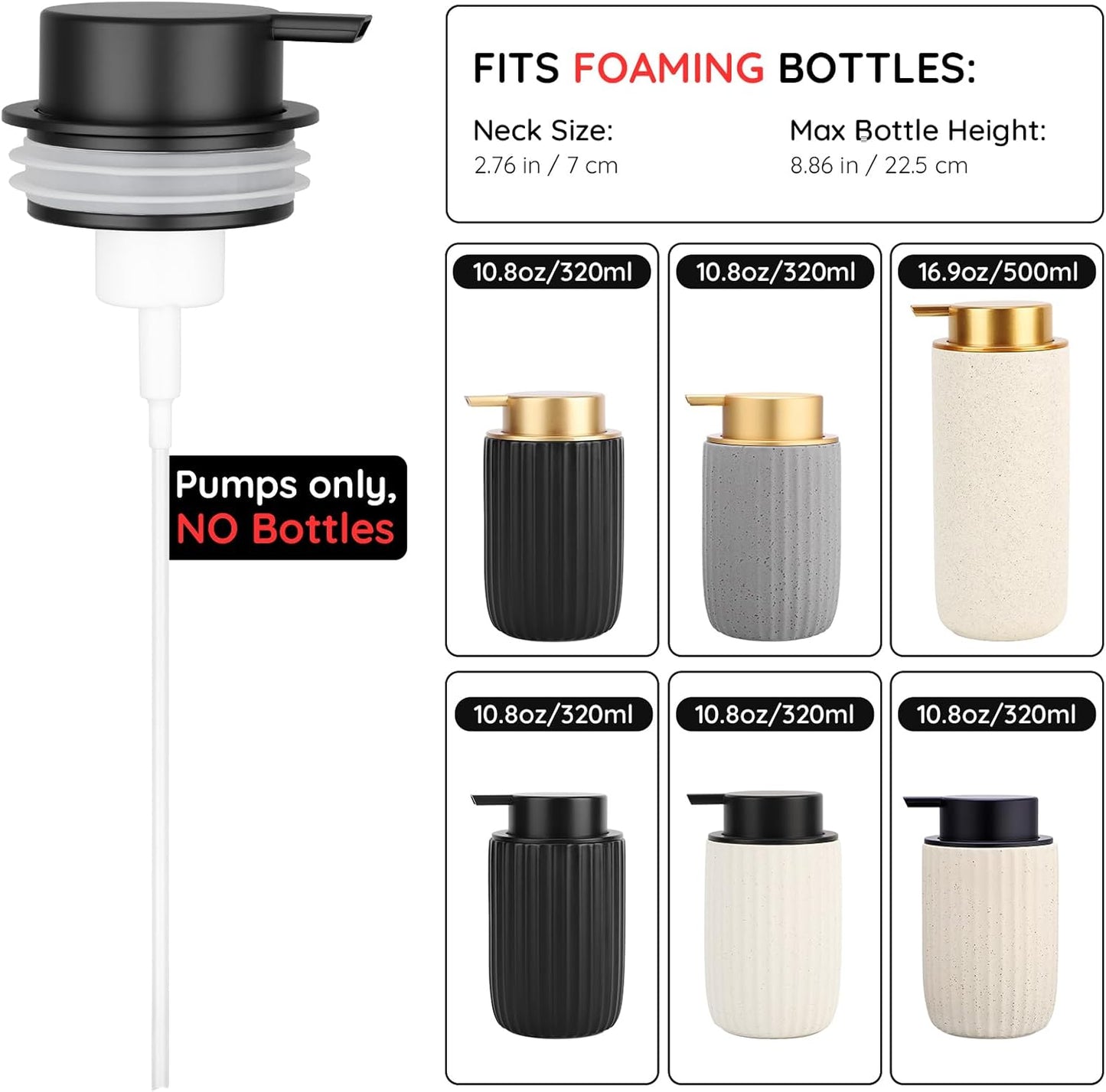 Segbeauty 2pcs Black Foaming Hand Soap Dispenser Pump Replacement, Foam Soap Dispenser Pump Head for Ceramic Dispensers Bottle Kitchen Sink, Pumps Replacement for Bathroom Shampoo Body Wash Container