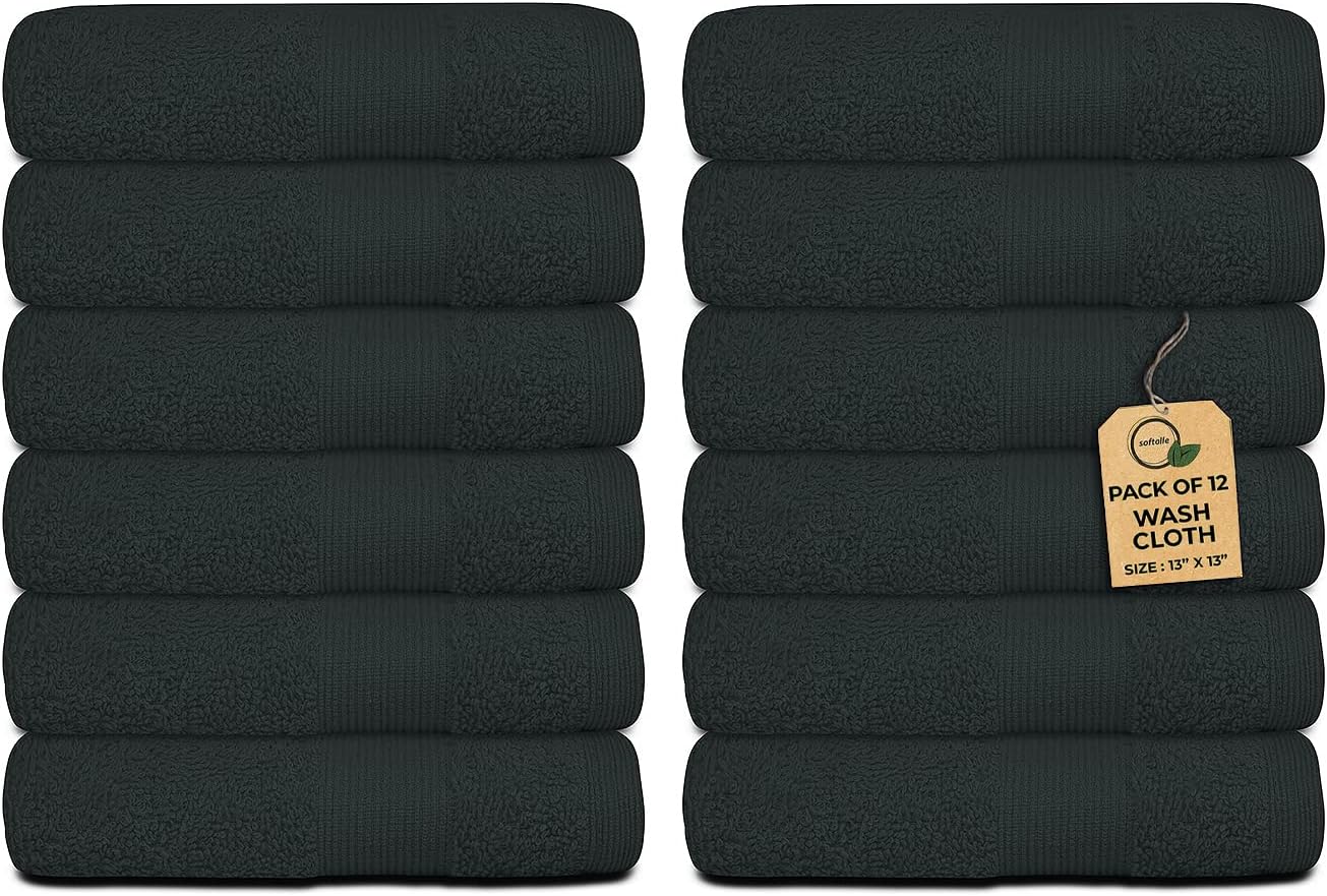 Premium Wash Cloths Pack of 12 (13" x 13") 100% Ring Spun Cotton | Luxury Washcloths | Ultra Soft Face Towels | Highly Absorbent Wash Cloths for face (Black)