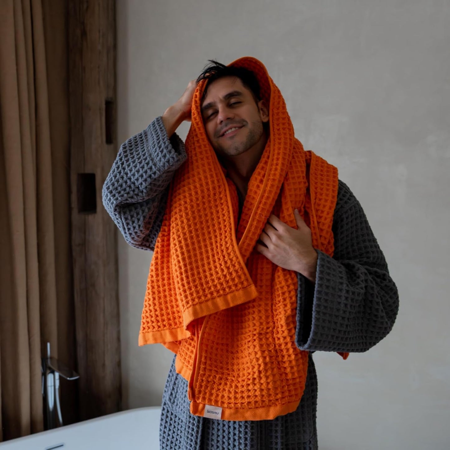 Luxury Japanese Cotton Waffle Bath Towel | Plush, Absorbent, and Quick Dry (Coral Orange, Hand Towel, 32" x 16")