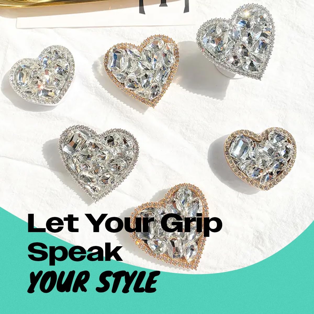 OnTheGrip Cute Cubic Diamond Heart Shape Design Collapsible Expandible Mobile Phone Grip Stand Holder for Smartphone Tablet Cell Phone Accessory (Gold Small)