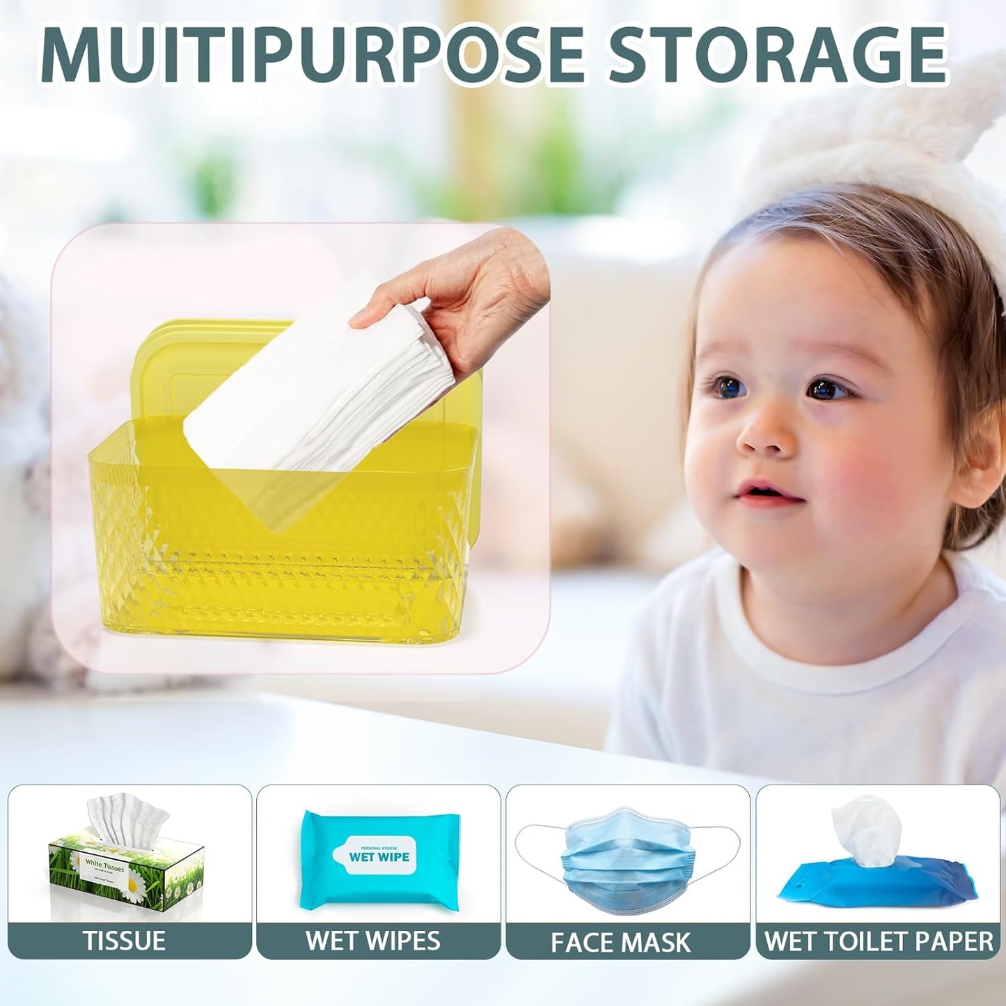 Wipes Dispenser, One-Handed Operation Wipe Holder for Baby & Adult, Seal-Designed Wipes Container for Bathroom Keep Diaper Wipes Fresh (Yellow)