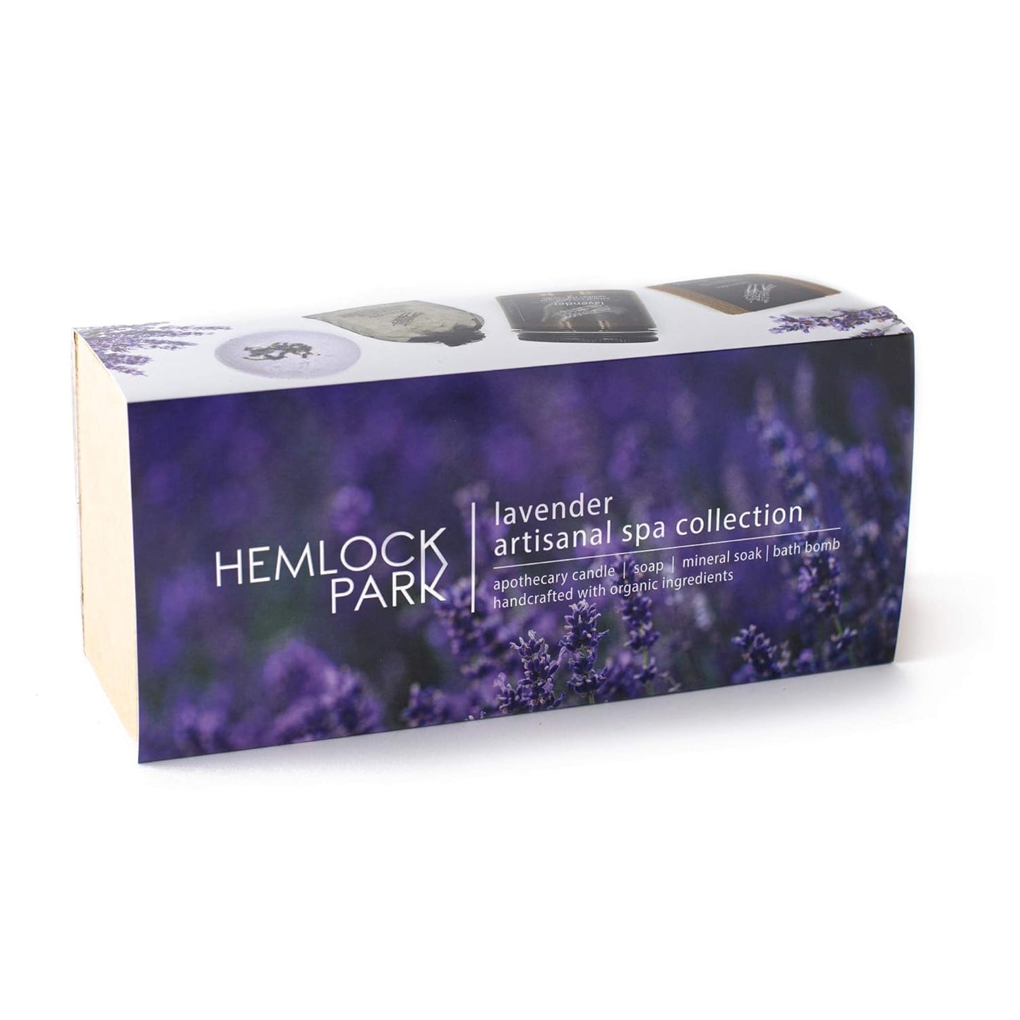Hemlock Park Lavender Artisanal Spa Gift Box | Apothecary Candle, Shea Butter Soap, Bath Bomb, Mineral Salt Bath Soak | Handcrafted with Plant Based Ingredients