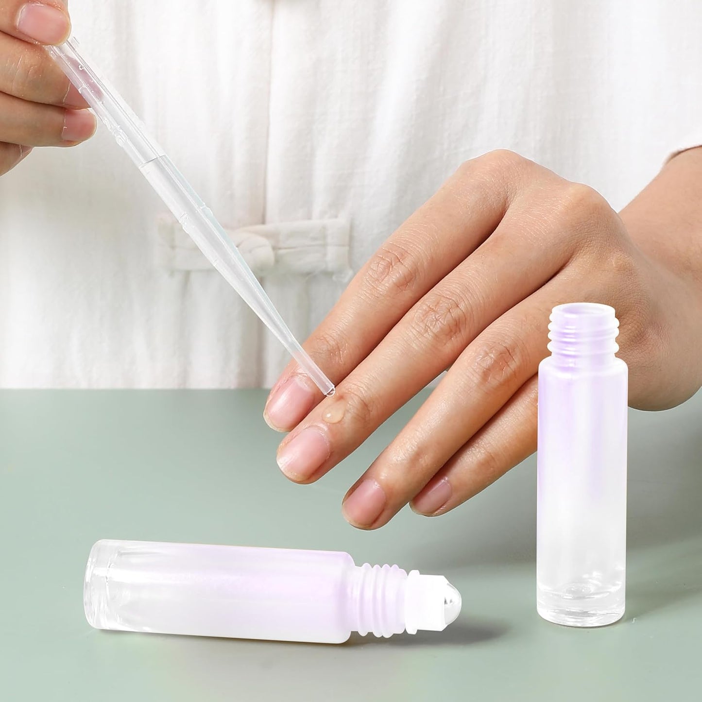 Essential Oil Roller Bottles, 10ml Thick Glass Perfume Roller Bottles with Funnel Opener and Dropper Colored Glass Empty Bottles with Stainless Steel Roller Balls (White, 4 Pack)