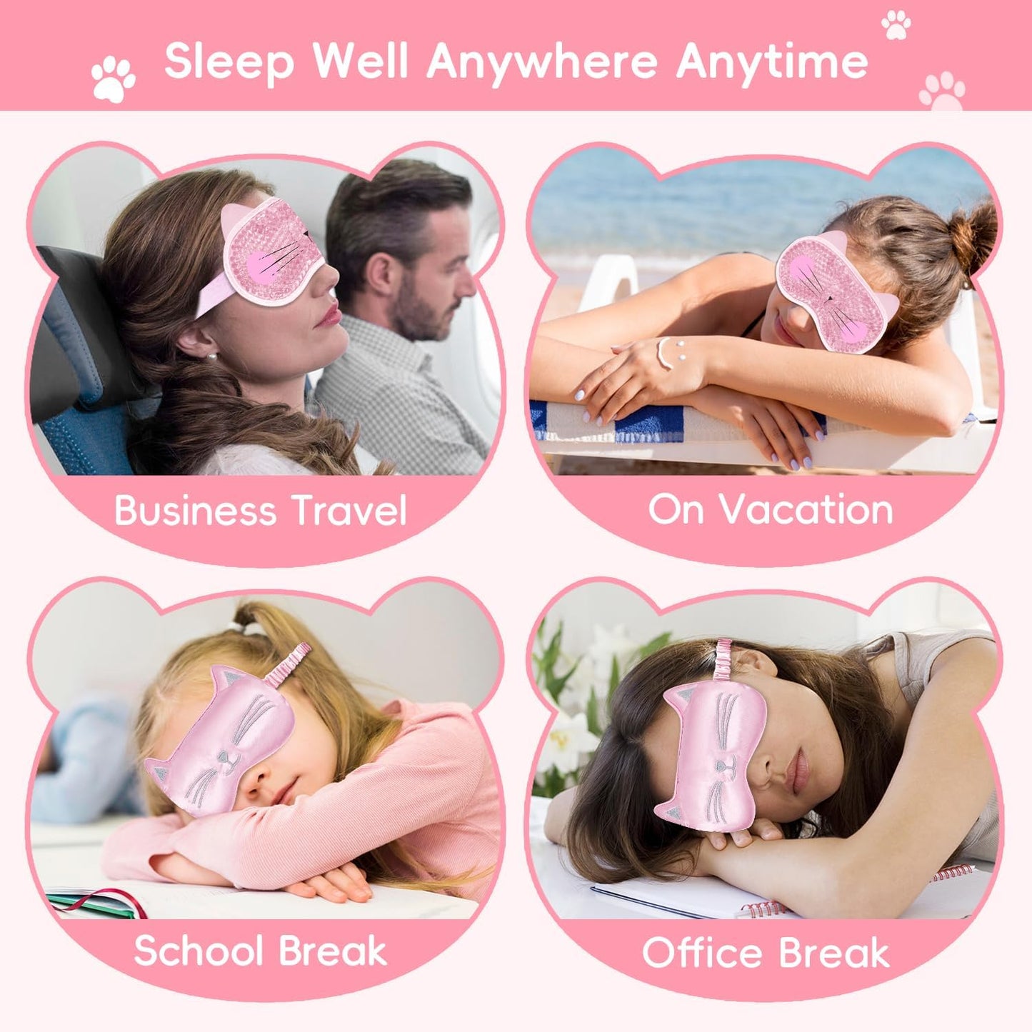 Cooling Eye Mask and Sleep Mask for Girl Woman 2 Pcs, Cute Animal Cat Cartoon Pink Sleeping Mask Soft Cold Warm Compress Gifting for Dry Eyes Puff Eye Migraine Spa, Office, Morning Refreshment