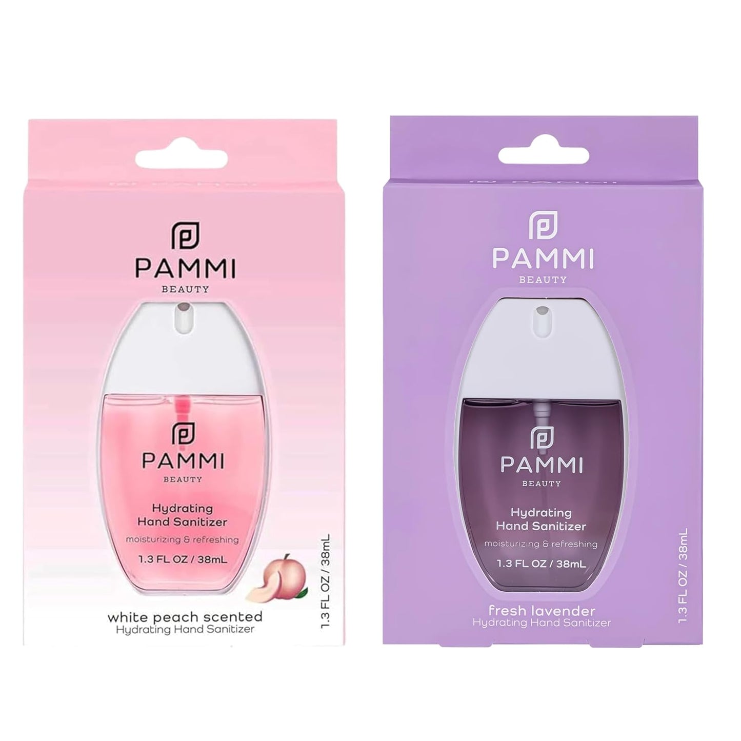PAMMI Power Mist Hydrating Hand Sanitizer Spray, Portable Travel Size Pocket Hand Sanitizer, Scented Handsanitizer Mini Spray For Car - 600 Sprays (2 Pack (Peach, Lavender))