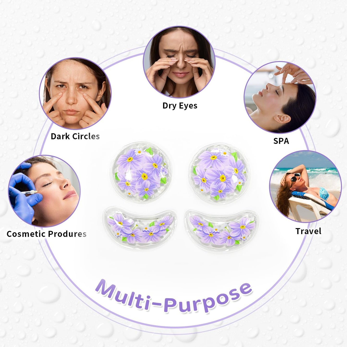 4PCS Gel Eye Ice Pack Set, Cold & Hot Compress, Reusable Cooling Gel Pads for Strain Relief, Swelling, Dark Circles, Redness, Puffy Eyes, Surgery Recovery(4 Purple flowers)