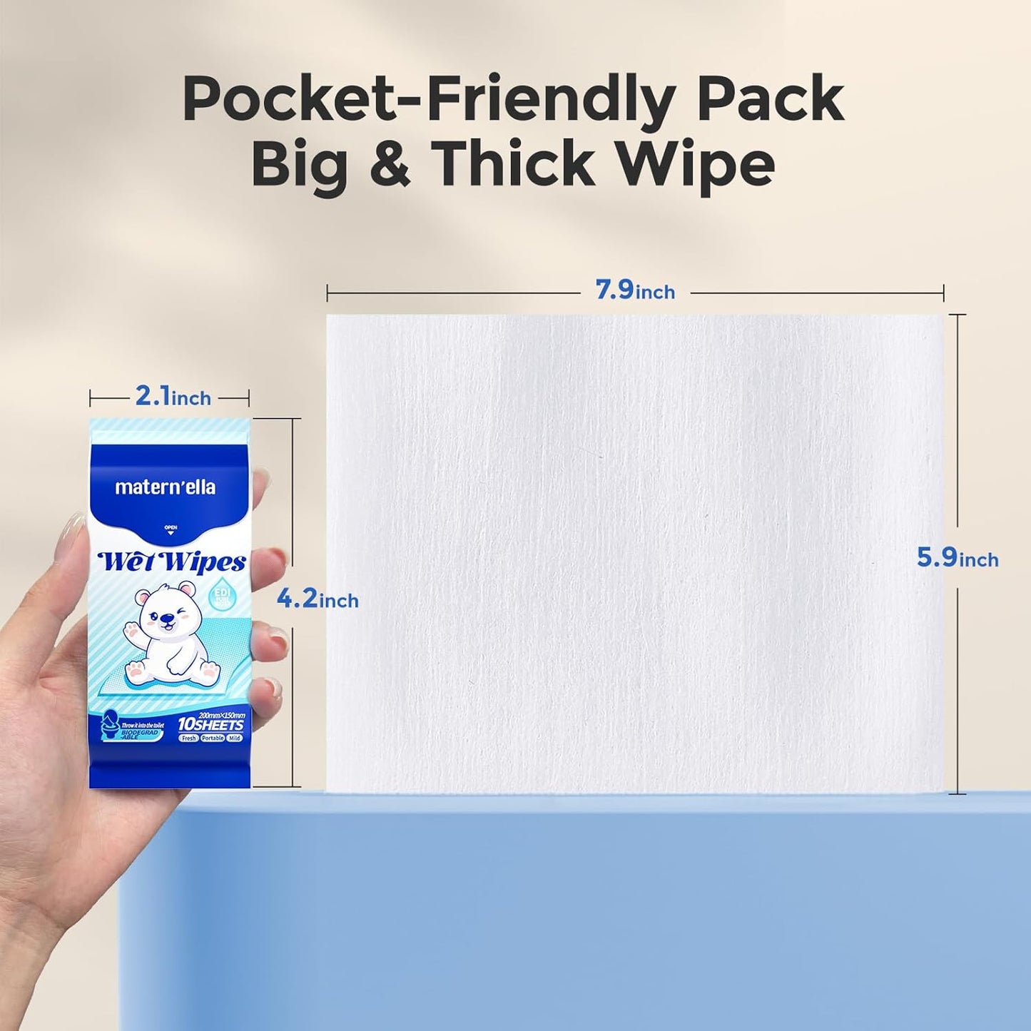 MATERN'ELLA Pocket Butt Wipes, On-The-Go, Calendula & Centella Asiatica Extract & Flushable Wipes, Fragrance free & Extra Large Total 60 Wipes (5 Packs + 5 Travel）