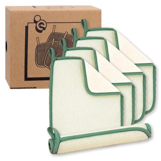 myHomeBody Dual-Textured Exfoliating Washcloth with Soft and Scrubbing Side, Body Exfoliation Scrubber for Bath, Shower, White with Green Edge, Set of 5