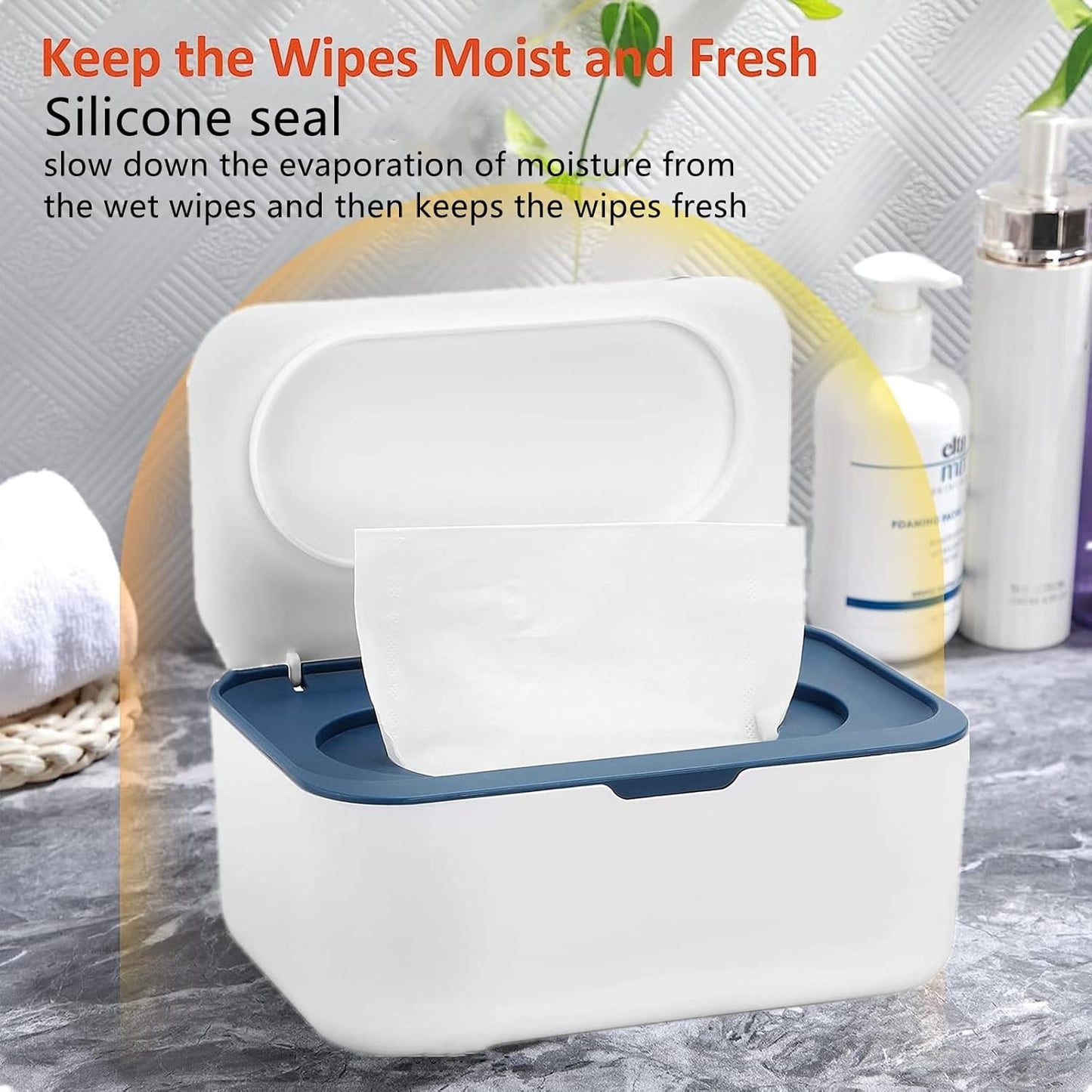 Wipes Dispenser with 2Pcs Portable Refillable Wipe Holder,Reusable Large Wipe Holder Box Flushable Wipes Case Bathroom Wipes Container for Pet Nursery Kitchen Office Counter(White-Blue)