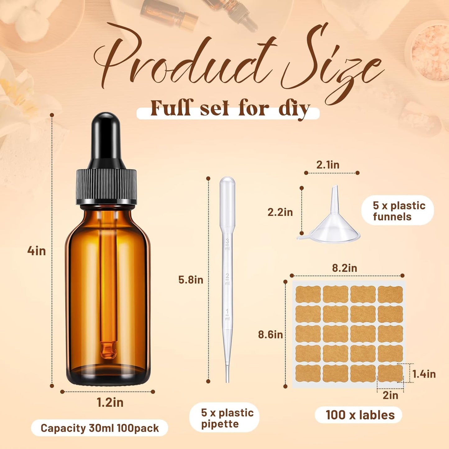 Lallisa 100 Pack Essential Oil Dropper Bottle 30 ml (1 oz) Glass Dropper Bottles DIY for DIY Essential Oil Perfume with 5 Funnels 5 Pipettes 3ml 100 Labels for Bathrooms, Hotels, Labs (Amber)