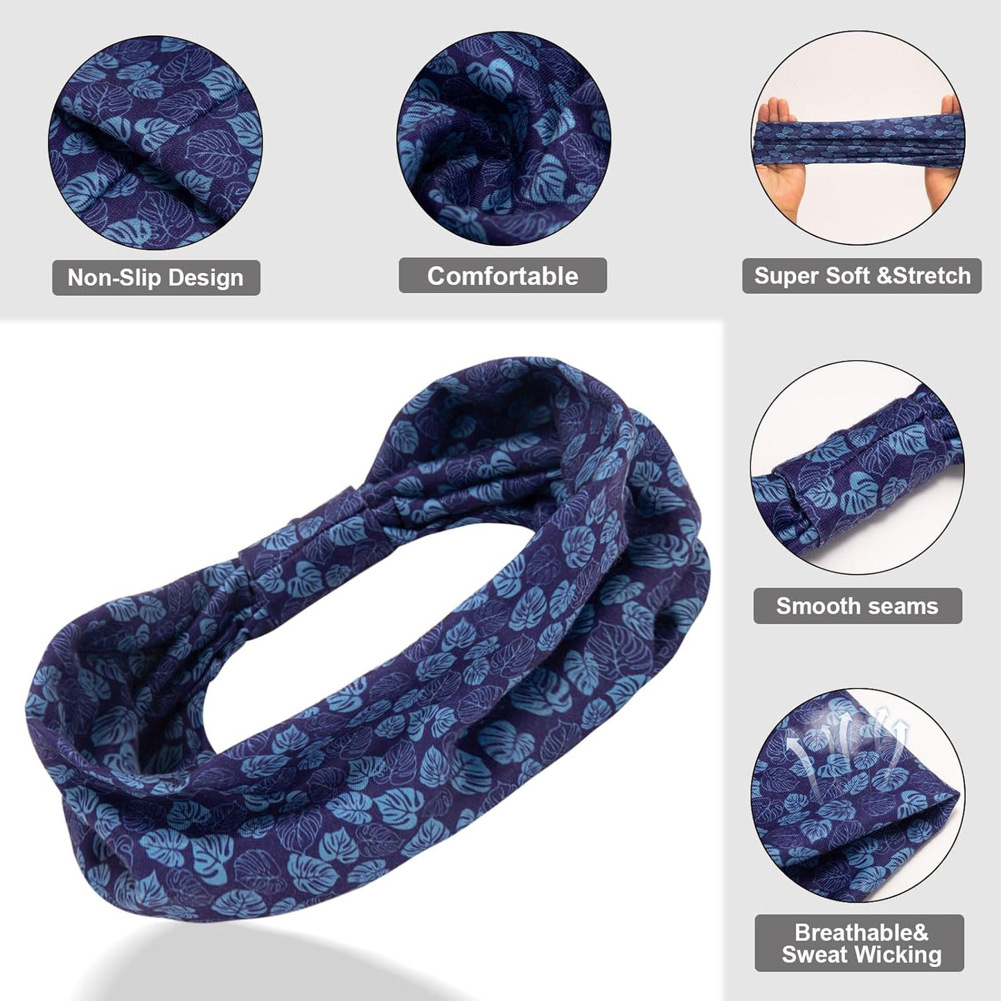 Cobahom 6Pcs Wide Headbands for Women Non Slip Soft Fabric Hair Wrap Boho Head Bands Elastic Sport Hair Bands for Workout Yoga Running (Leaf Pattern)