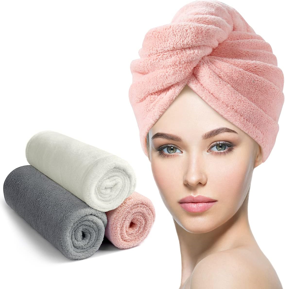 YFONG 3 Pack Hair Towel Wrap for Women with Button, Super Absorbent Microfiber Hair Towel for Wet Long Short Curly Hair, Soft Fast Drying Hair Turban Towel Anti Frizz（Pink,White, Gray）