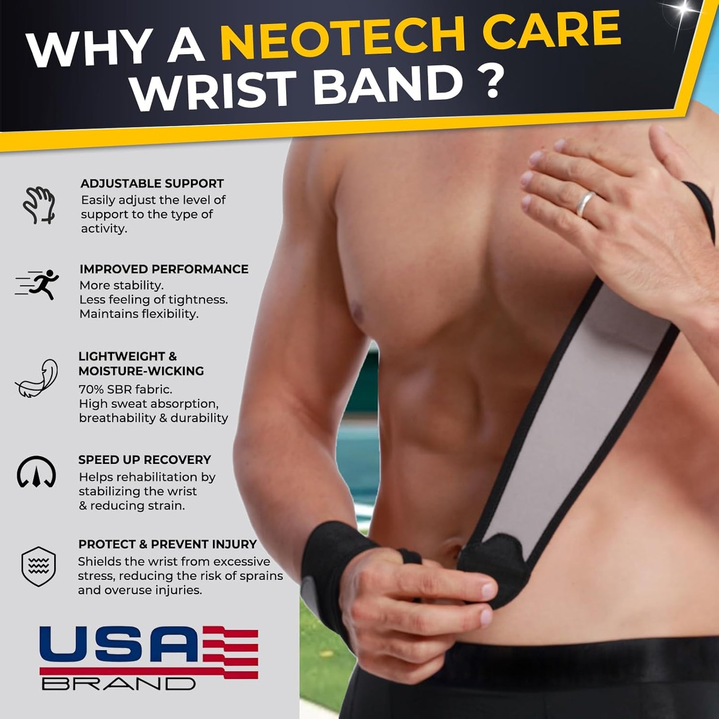 NeoTech Care Wrist Band - Elastic & Breathable Fabric - Adjustable Compression Strap - Men, Women, Right or Left - Support Wrap for Protection or Sports (Black Color, Size S, 1 Pair)