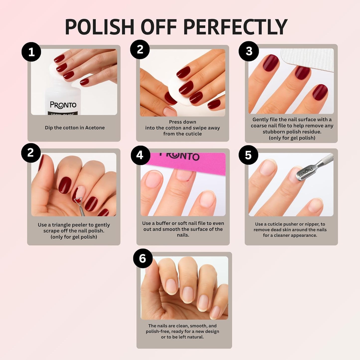 Pronto Acetone Nail Polish Remover 8 Fl Oz with Manicure Kit - Includes Nail File, Buffer, Pusher, Scraper - Pure Acetone 100 Percent - Quick & Professional Gel Acrylic Nail Remover Kit