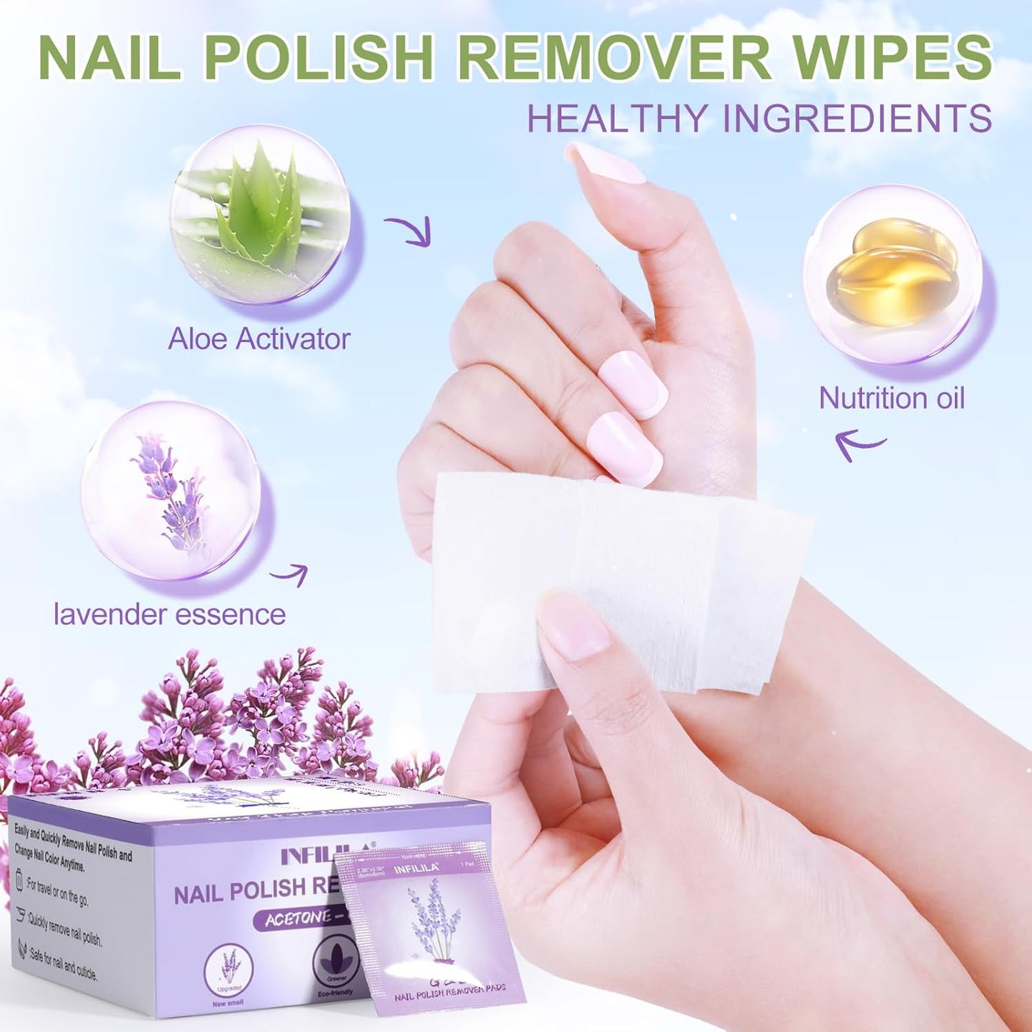 NXJ INFILILA Nail Polish Remover Pads, Nail Polish Remover Wipes, 100pcs Individually Wrapped Bulk Set Fingernail Travel Polish Remover for Nail Supplies(Lavender Fragrance)