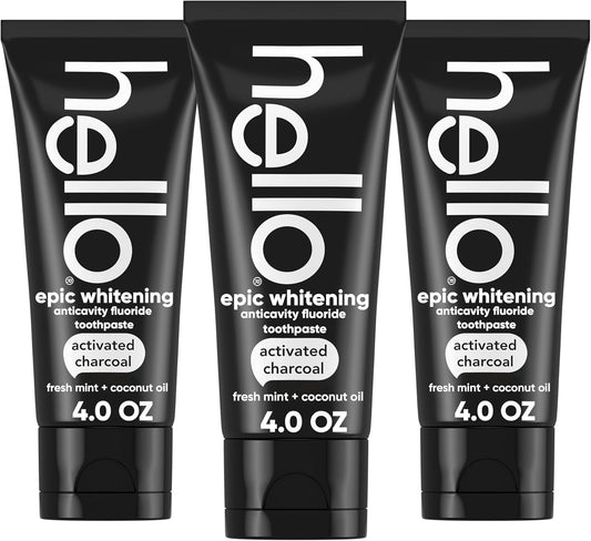 Hello Activated Charcoal Toothpaste, Fluoride Toothpaste with Activated Charcoal, Teeth Whitening Toothpaste with Fresh Mint and Coconut Oil, No SLS, Vegan, Gluten Free, 3 Pack, 4 OZ Tubes