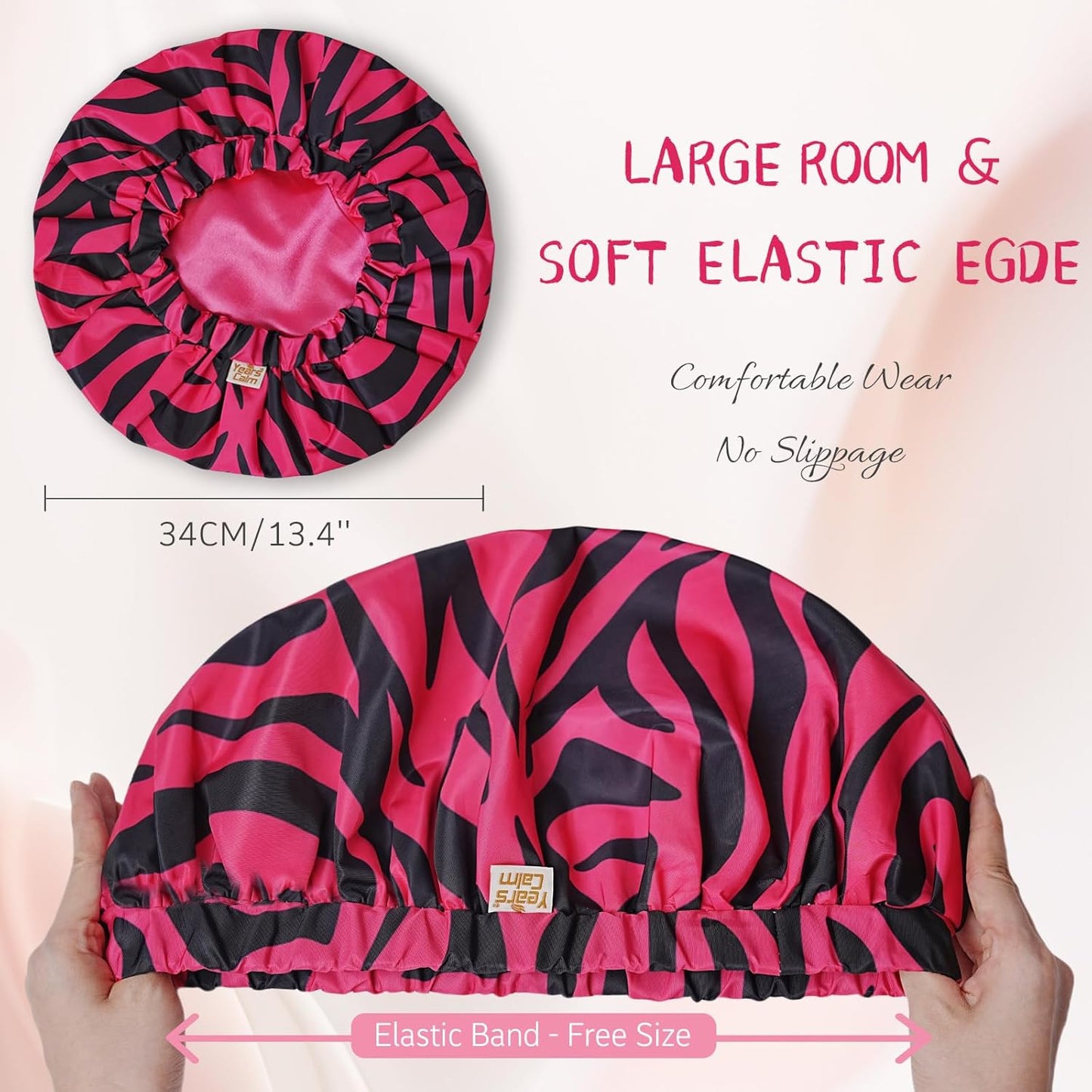 Years Calm Shower Caps for Women Reusable Waterproof, Double-Layer Extra Large Elastic Hair Cap for Shower for Long Hair & Braids, Travel & Home (Pink)