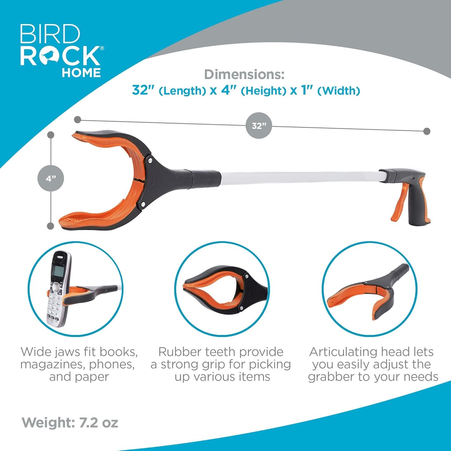 BIRDROCK HOME Reacher Grabber Pick Up Tool | Lightweight Aluminum 32” Extra Long Reaching Aid | Best Articulating Head | Rotating Rubber Grip | Trash Pick Up, Disabled, Garden Nabber Arm Extension
