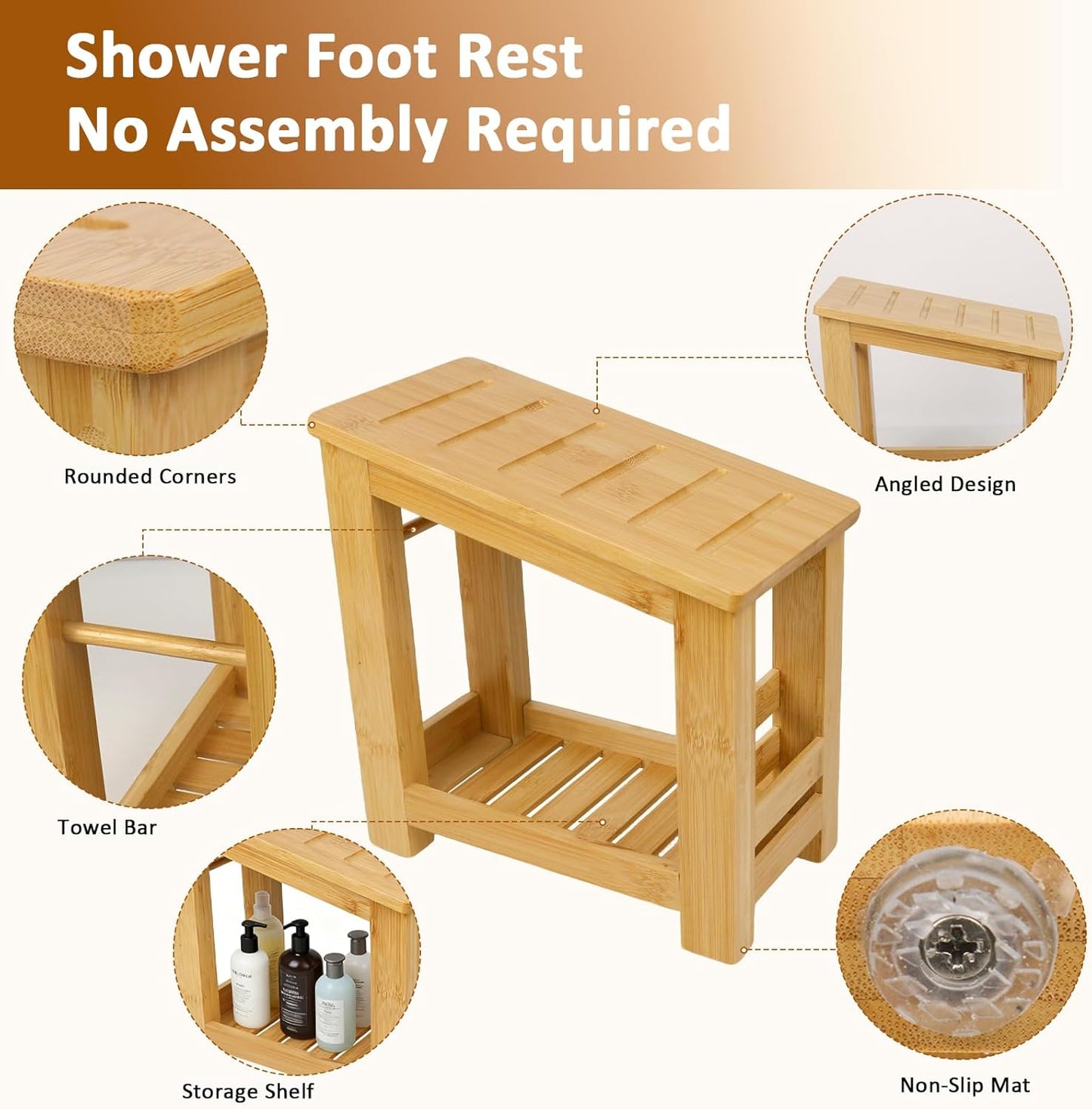 Shower Foot Rest, Small Bamboo Foot Stool with Storage Shelf, Shower Stool for Shaving Legs, No Assembly Required, Natural (Bamboo)