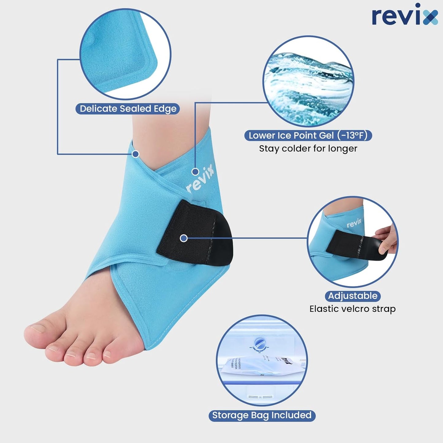 REVIX Ankle Ice Pack Wrap – Reusable Gel Cold Compression for Foot Discomfort, Ice Wrap for Feet Swelling and Recovery, Plantar Fasciitis, Achilles Tendonitis, and Sprained Ankles