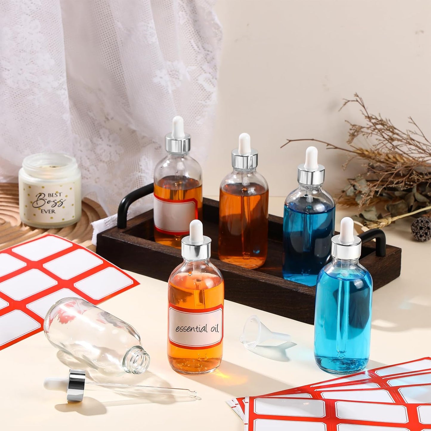 Dandat 50 Pack 4 oz Glass Dropper Bottles Leakproof 120 ml Glass Tincture Bottles with Eye Droppers, 4 Funnels, 54 Labels for Essential Oil Perfumes Hair Oil(Transparent)