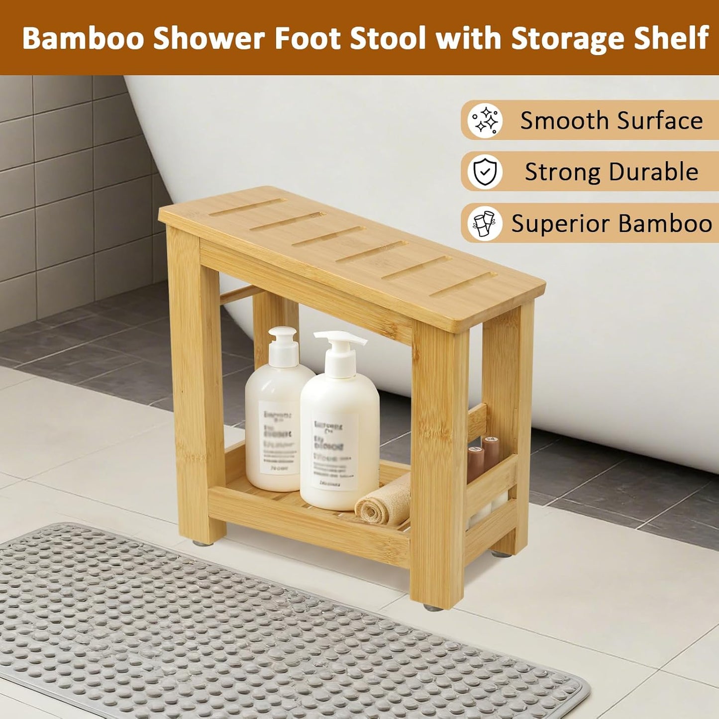 Shower Foot Rest, Small Bamboo Foot Stool with Storage Shelf, Shower Stool for Shaving Legs, No Assembly Required, Natural (Bamboo)