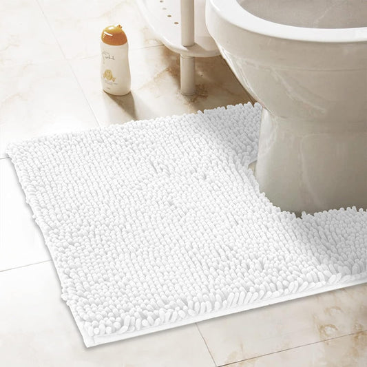ITSOFT Non-Slip Shaggy Chenille Toilet Contour Bathroom Rug with Water Absorbent, 24 x 21 Inches U-Shaped White