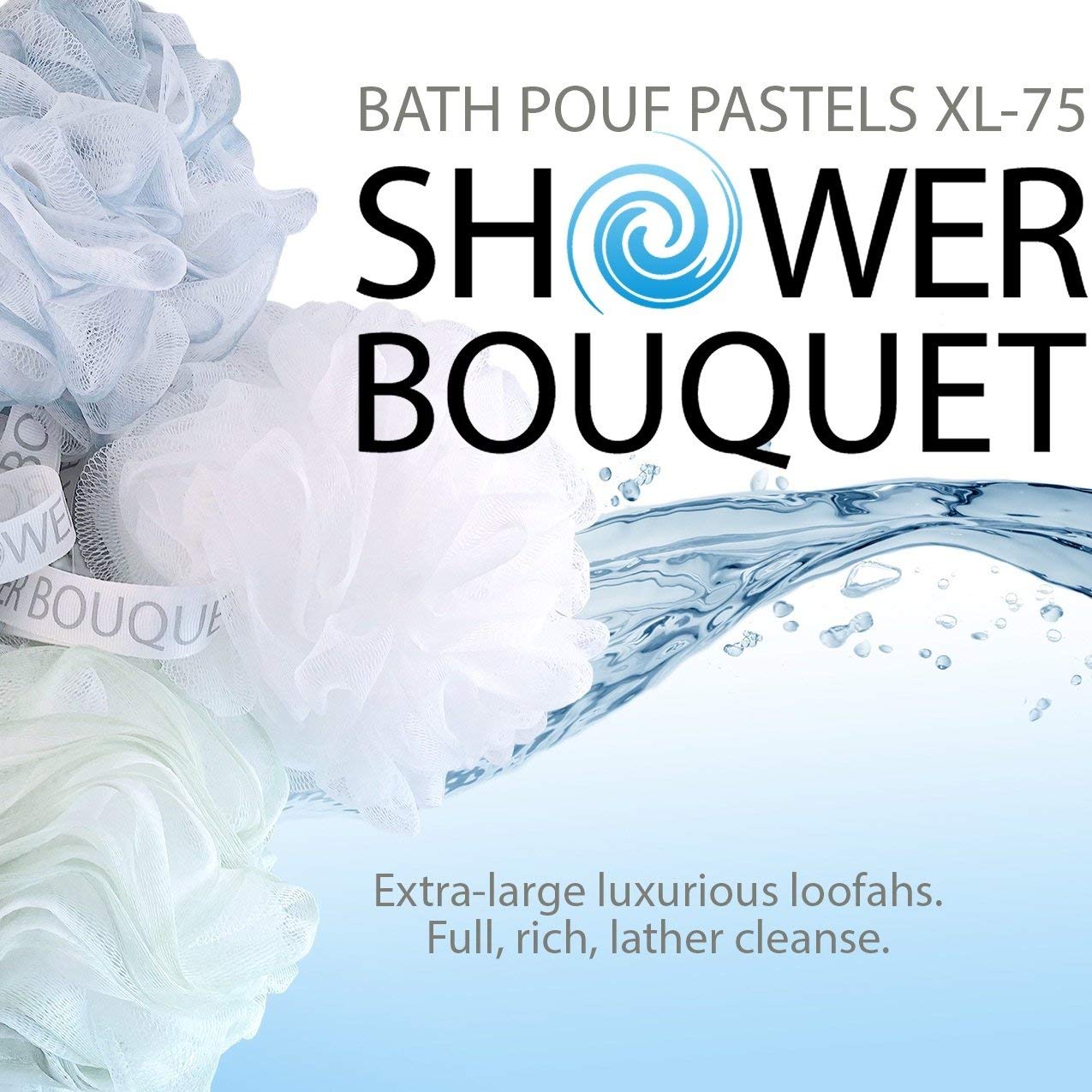 SHOWER BOUQUET Loofah-Bath-Sponge XL Soft-Pastel-Colors 4-Pack // Extra-Large 75g Mesh Luffa Loofa Loufa Puff Pouf Set/Exfoliating Body Scrubber for Women and Men - Exfoliate & Soothe Face & Body