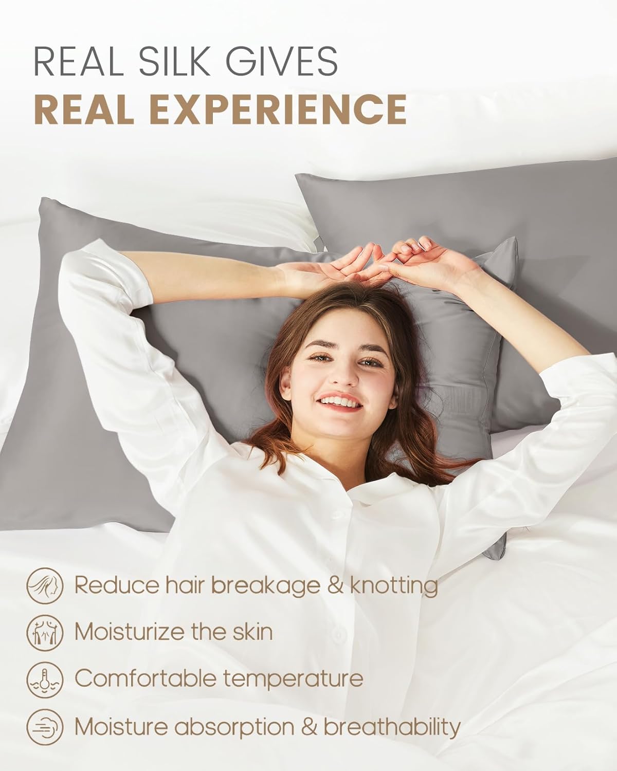 THXSILK 100% Natural Mulberry Silk Pillowcase for Hair and Skin, Grade 6A+ Pillowcase with Hidden Zipper, Soft Breathable Smooth Both Sided Silk Pillow Cover(Standard 20x26inch, Grey)