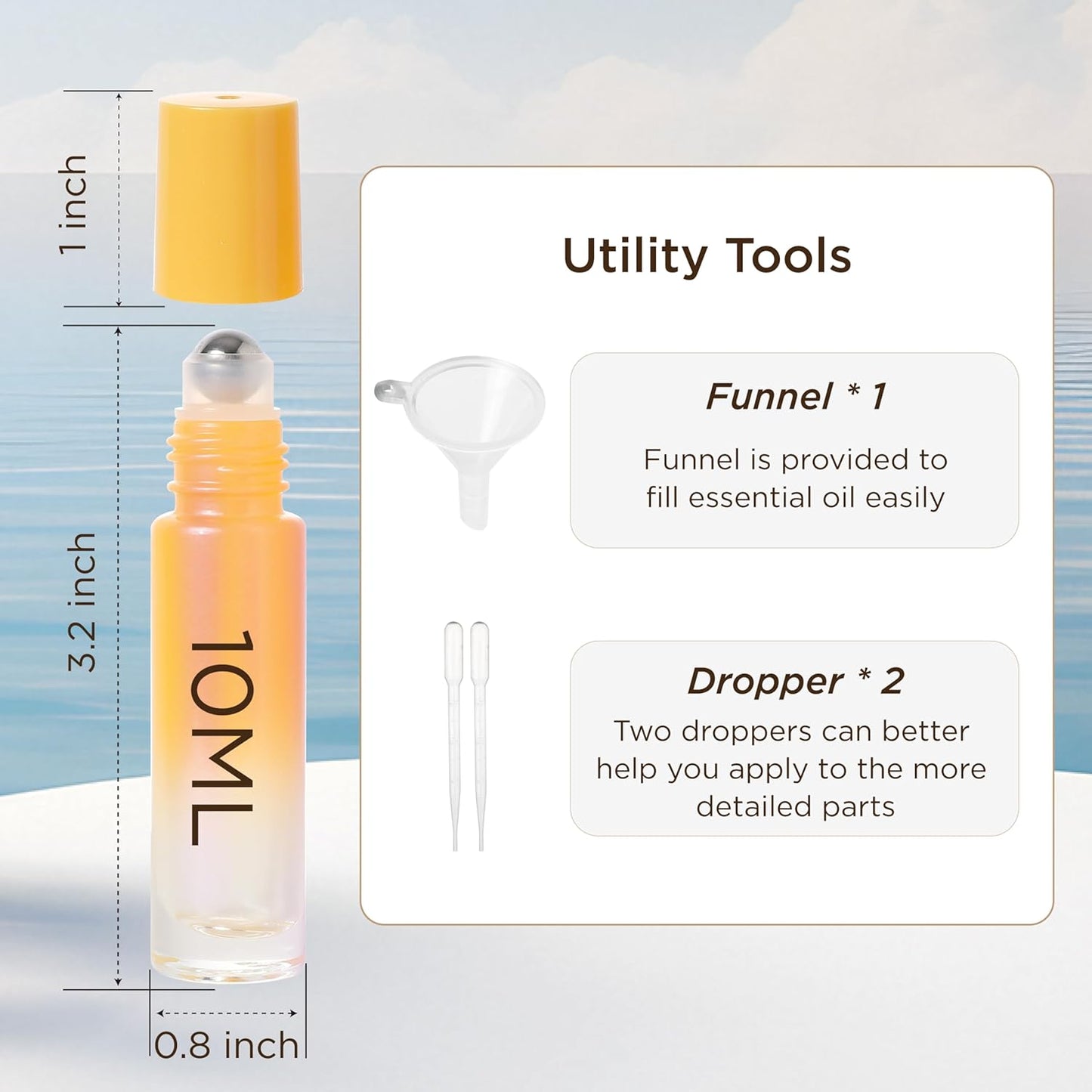 Essential Oil Roller Bottles, 10ml Thick Glass Perfume Roller Bottles with Funnel Opener and Dropper Colored Glass Empty Bottles with Stainless Steel Roller Balls (Orange, 4 Pack)