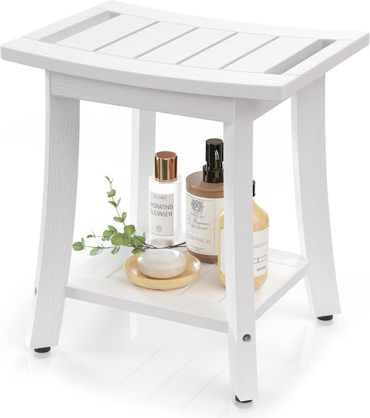 HIPS Shower Benches for Inside Shower, Waterproof Shower Stool with Storage Shelf & Adjustable Feet, SPA Bathroom Seat Chair for Shaving Legs, Indoor or Outdoor Use, White