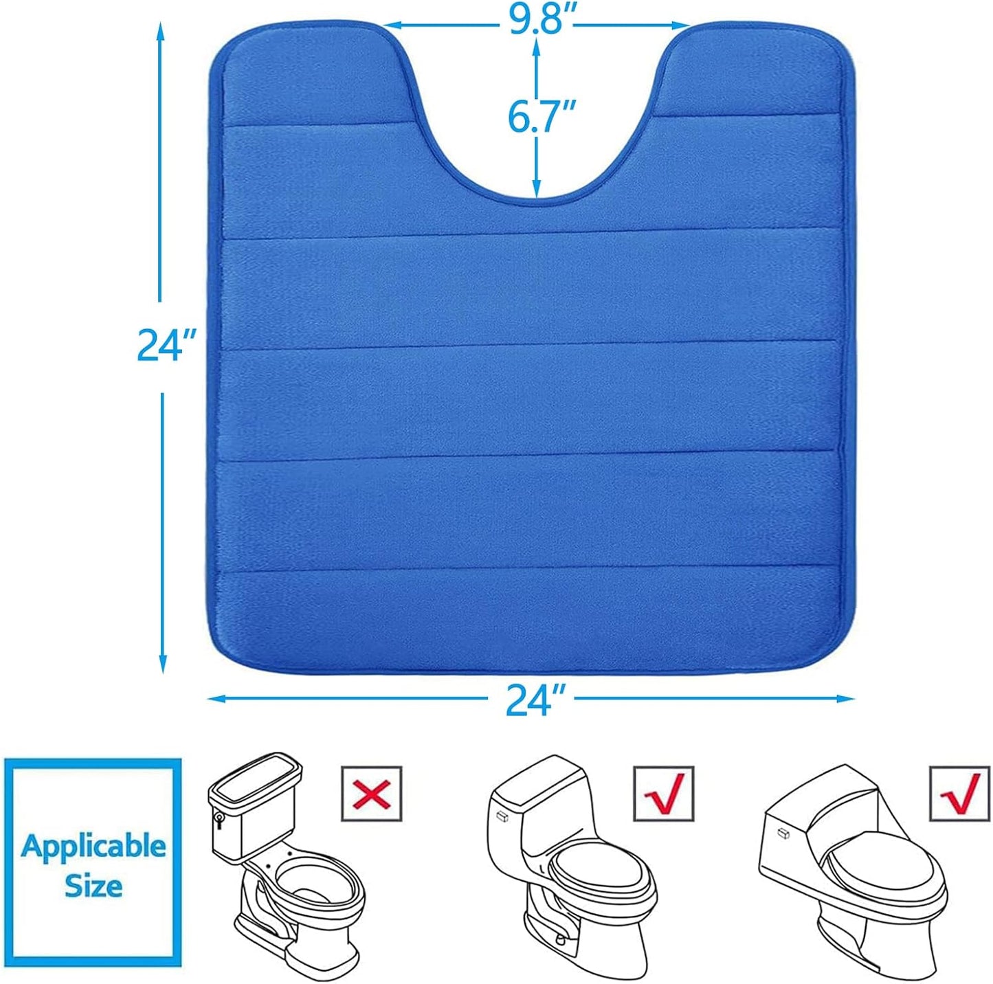 Buganda Memory Foam U-Shaped Contour Toilet Rugs, Non Slip Absorbent, Thick Soft Washable Bathroom Mat, Floor Carpet Bath Rugs Mat for Toilet Base (24" x 24", Royal Blue)