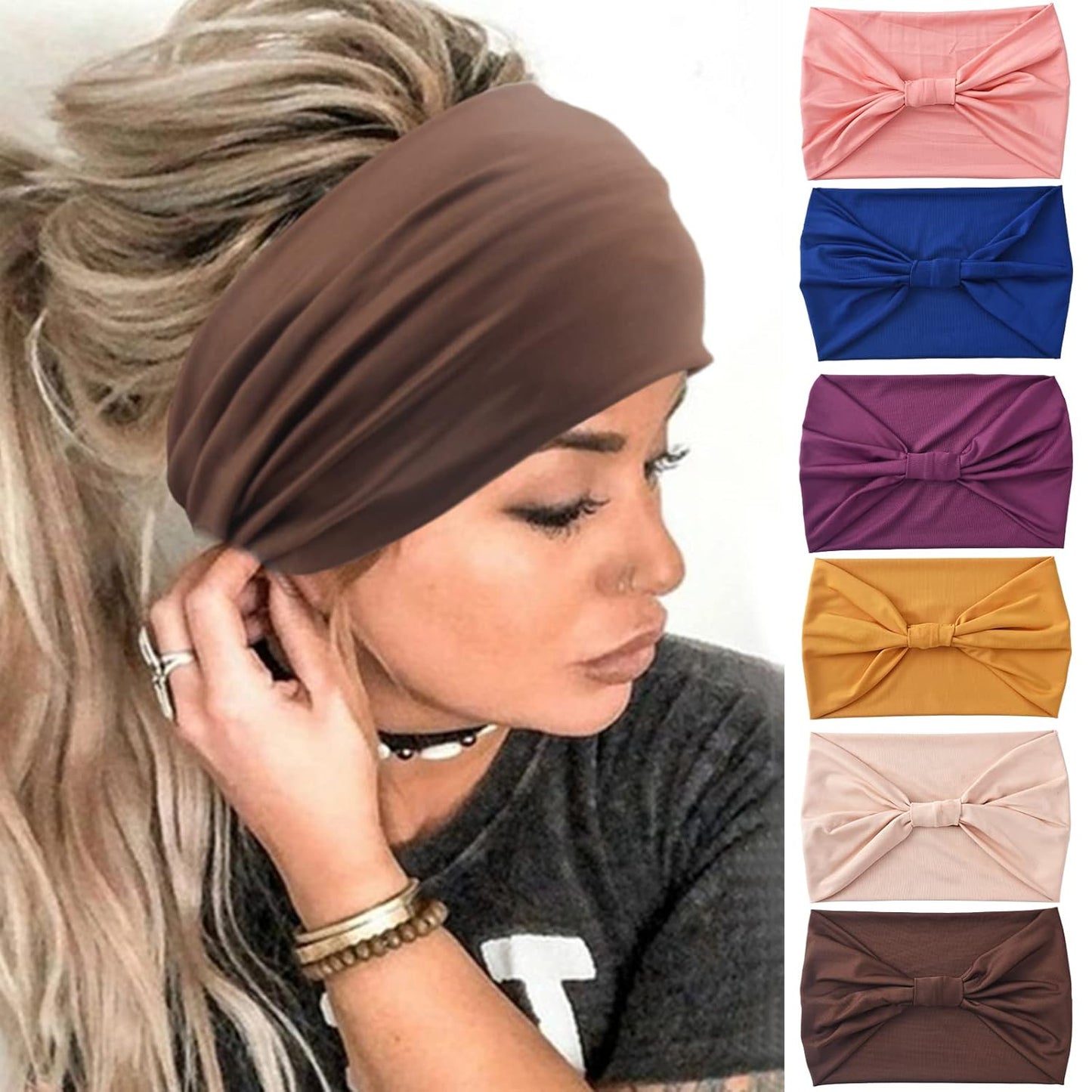 Yeshan Wide Headbands for Women - No Slip African Boho Solid Bandana Elastic Yoga Workout Sweat Bands Running Sport Turban Knotted Headwraps, Pack of 6