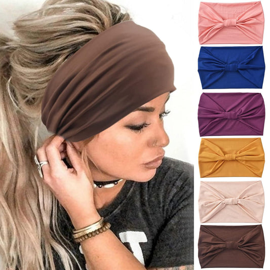 Yeshan Wide Headbands for Women - No Slip African Boho Solid Bandana Elastic Yoga Workout Sweat Bands Running Sport Turban Knotted Headwraps, Pack of 6