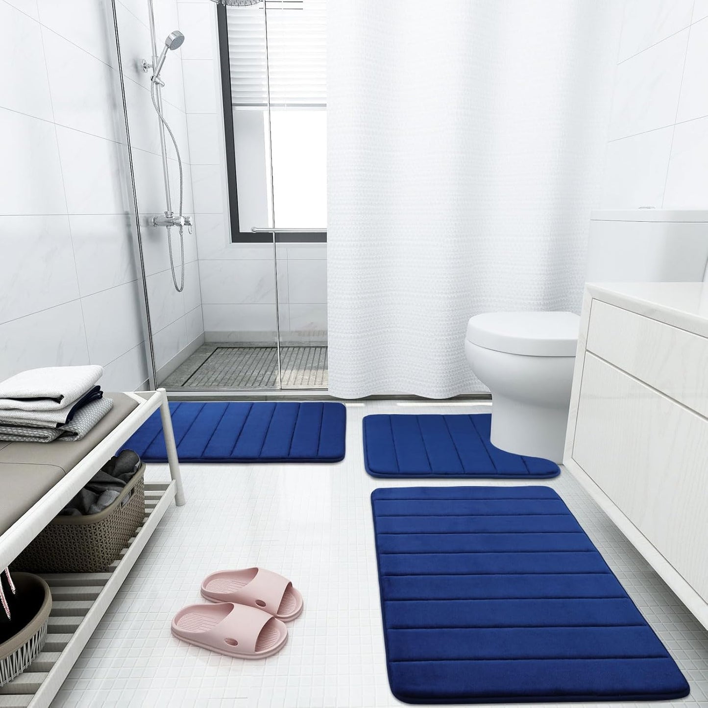 Buganda Memory Foam Bath Mat, 59" x 17", Ultra Soft and Non-Slip Bathroom Rugs, Water Absorbent and Machine Washable Bath Rug Runner for Bathroom, Shower, and Tub, Navy Blue