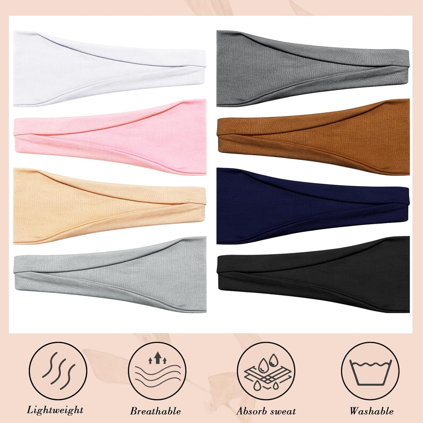 obeoby Headbands for Women, 8 Pack Wide Stretchy Headbands for Daily Use Sport Yoga Running, Stocking Stuffers for Women