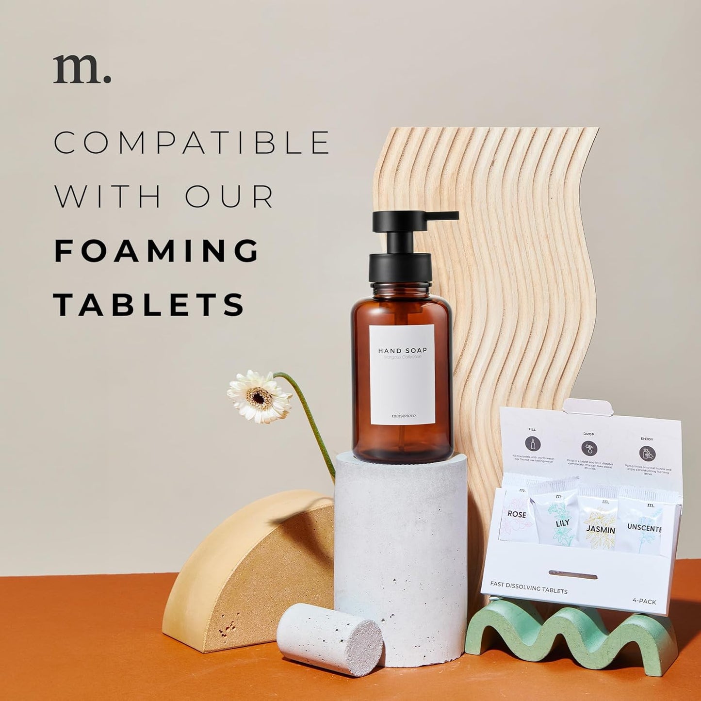 MaisoNovo Glass Foaming Soap Dispenser 14 Oz | Amber Glass Black Pumps x 2 with Tray