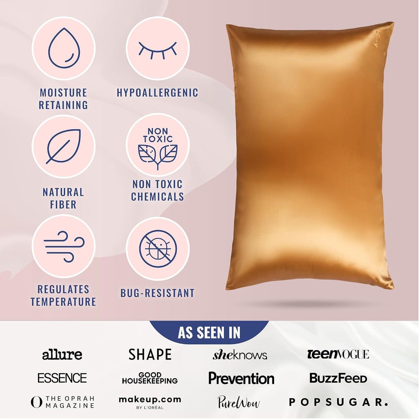 Blissy Silk Pillowcase - 100% Pure Mulberry Silk - 22 Momme 6A High-Grade Fibers - Silk Pillow Cover for Hair & Skin - Regular, Queen & King (Gold, Standard)